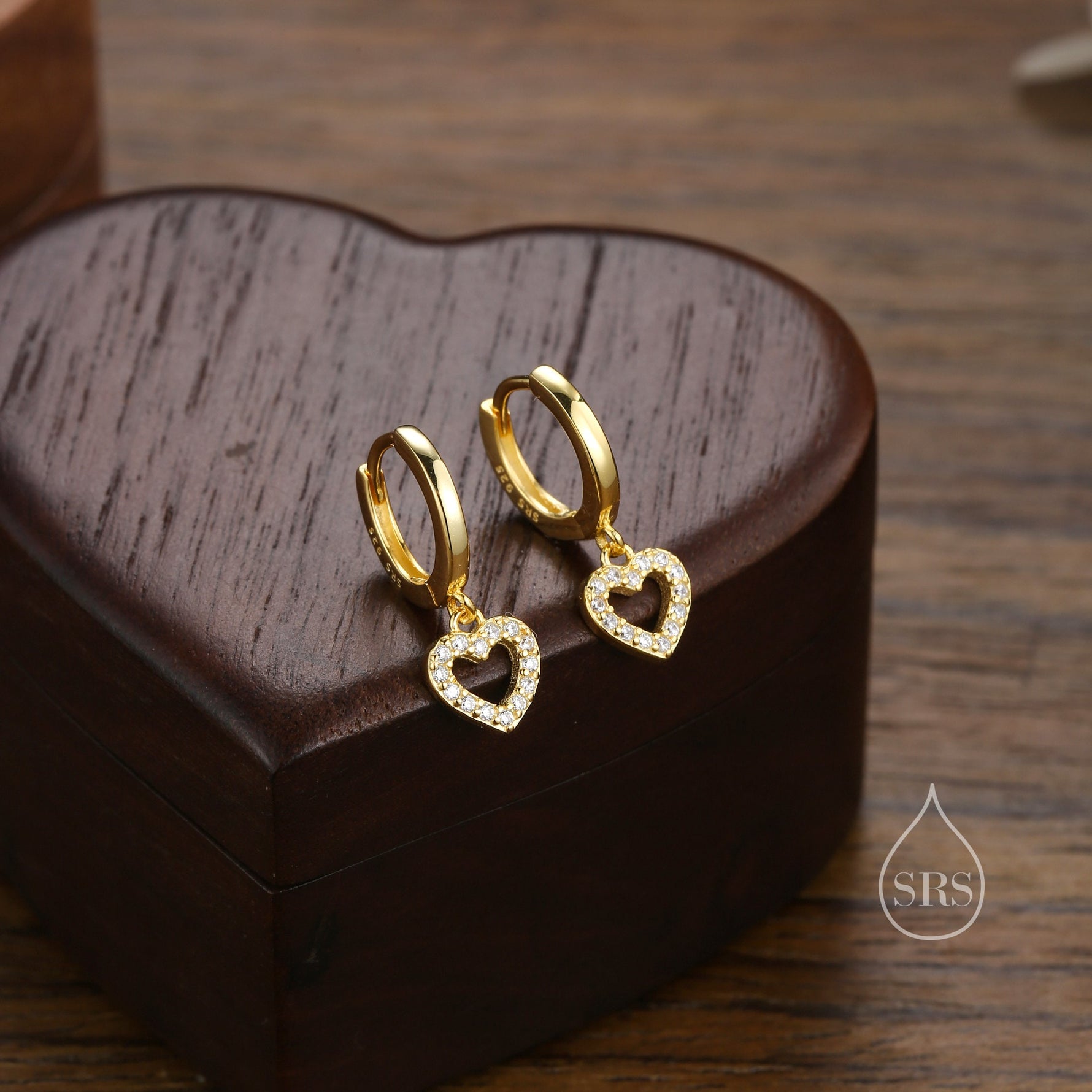 Tiny CZ Heart Dangle Huggie Hoop in Sterling Silver, Silver or Gold or Rose Gold, Skinny CZ Heart Earrings, Heart Huggie Hoops