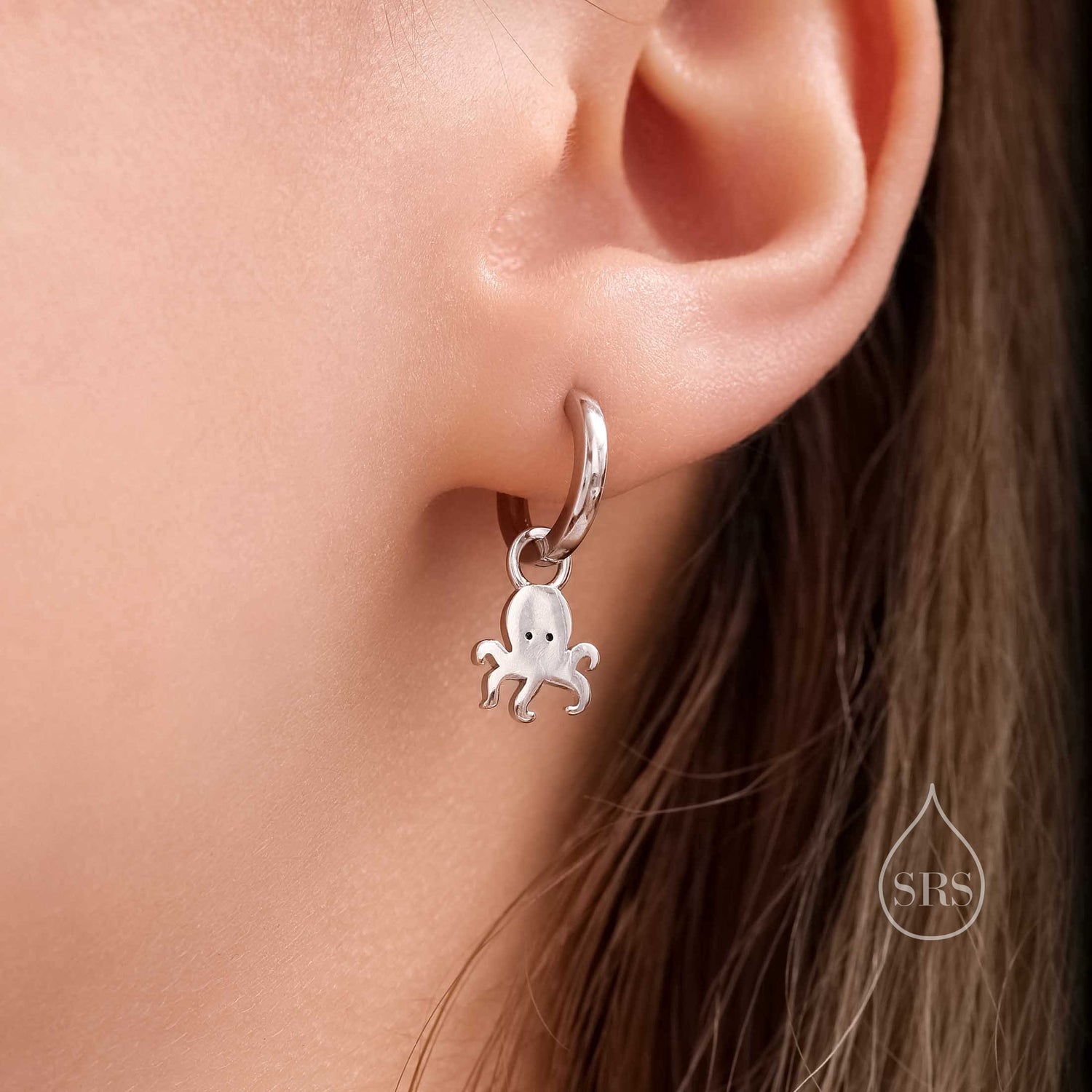 Sterling Silver Cute Octopus Dangle Huggie Hoops, Detachable Octopus Hoop Earrings, Dainty Dangle Earrings, Fish Earrings, Ocean Animal
