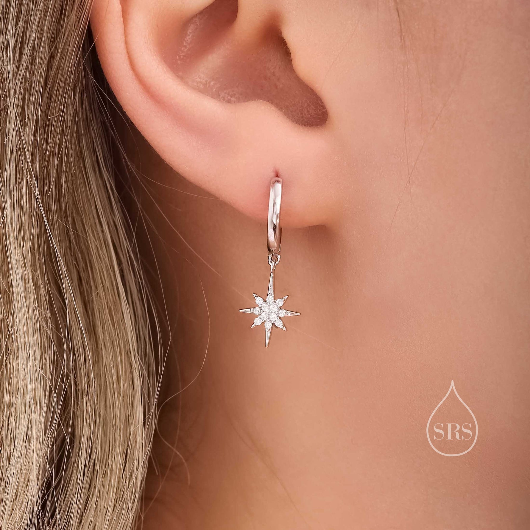 Starburst Huggie Hoop Earrings in Sterling Silver with Dangling Star Burst Charms, Celestial Geometric Design