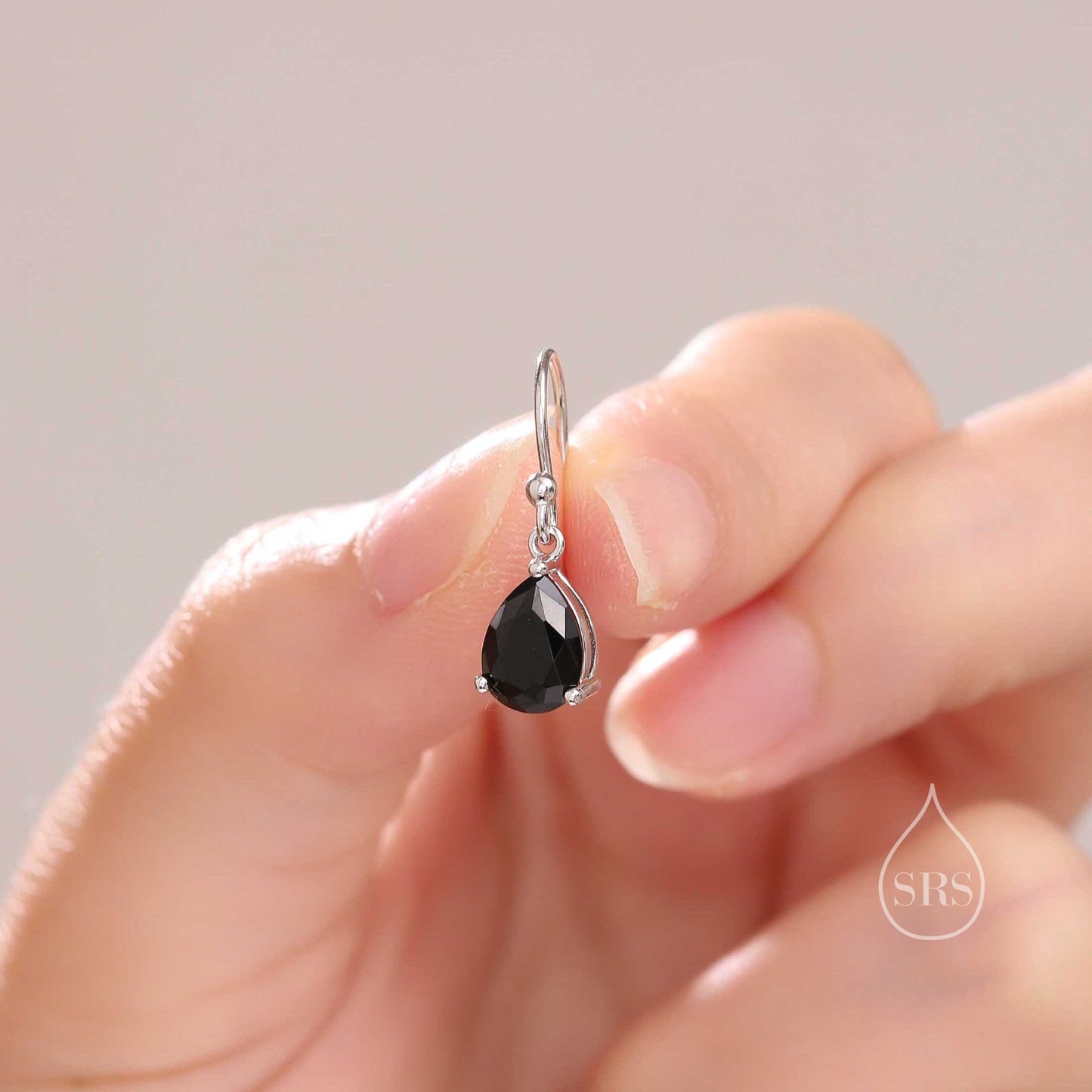 Sterling Silver Onyx Black CZ Droplet Drop Earrings in Sterling Silver, Silver or Gold, Pear Shape Hook Earrings