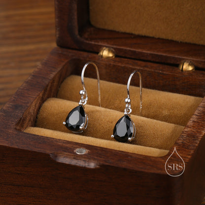 Sterling Silver Onyx Black CZ Droplet Drop Earrings in Sterling Silver, Silver or Gold, Pear Shape Hook Earrings