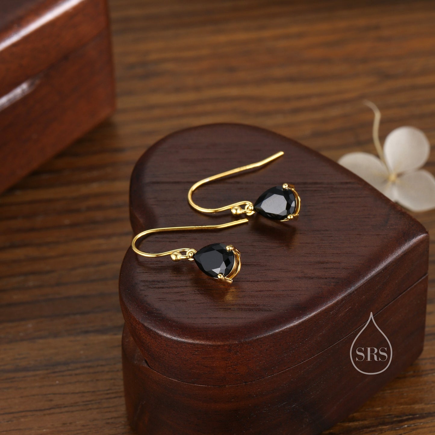 Sterling Silver Onyx Black CZ Droplet Drop Earrings in Sterling Silver, Silver or Gold, Pear Shape Hook Earrings