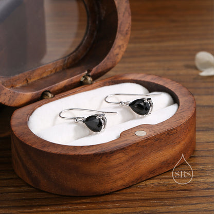 Sterling Silver Onyx Black CZ Droplet Drop Earrings in Sterling Silver, Silver or Gold, Pear Shape Hook Earrings