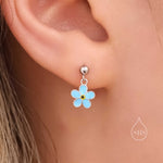 Sterling Silver Enamel Forget-me-not Flower Drop Stud Earrings, Dainty Dangle Forget Me Not Flower Earrings
