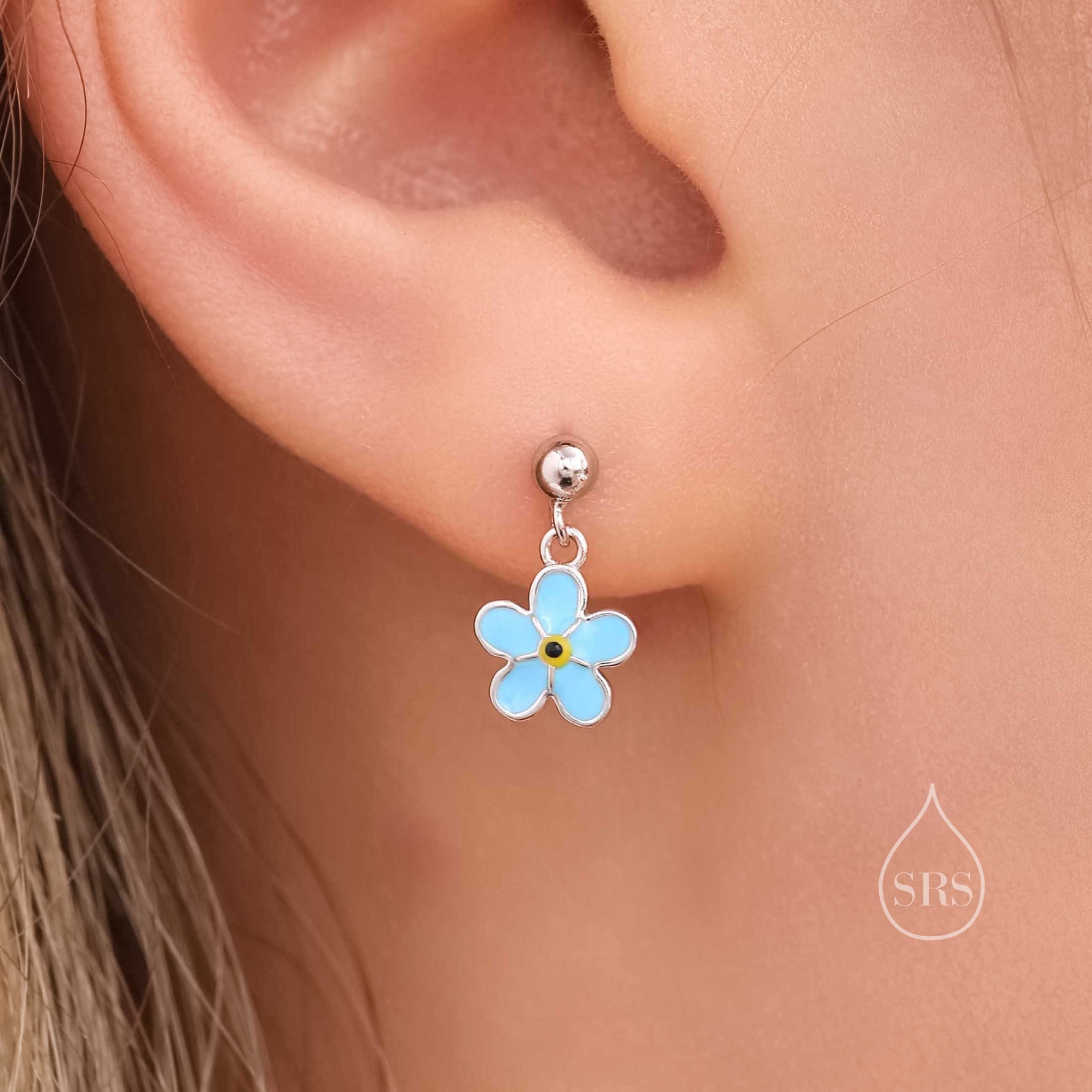 Sterling Silver Enamel Forget-me-not Flower Drop Stud Earrings, Dainty Dangle Forget Me Not Flower Earrings
