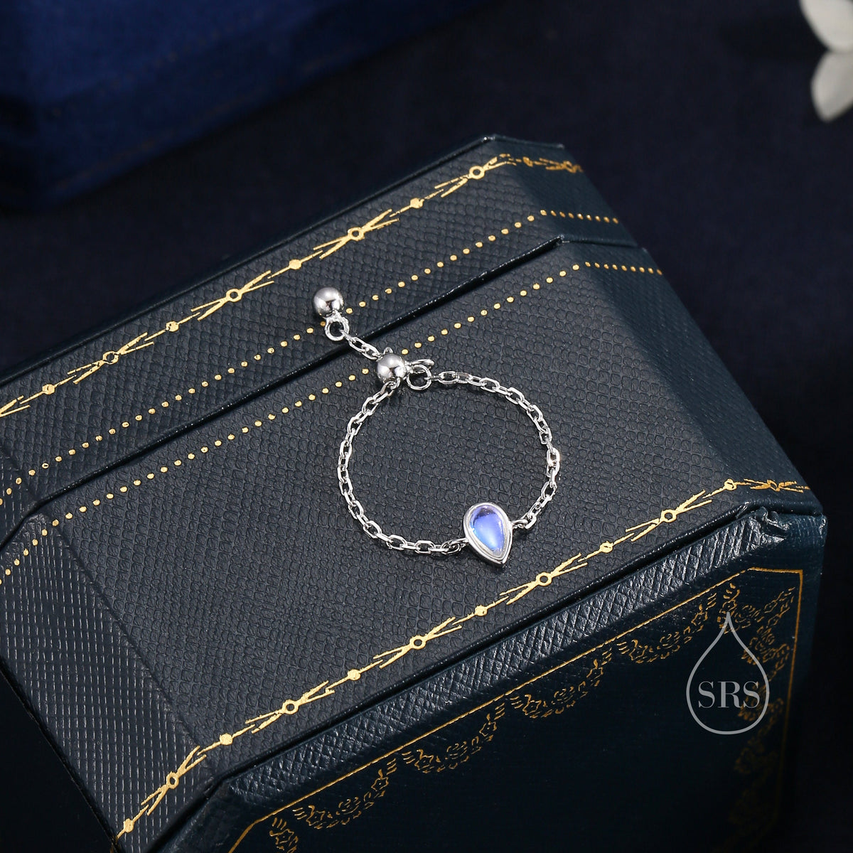 Sterling Silver Droplet Moonstone Soft Ring, Adjustable Size Lab MoonstoneChain Ring, Silver or Gold, Soft chain Ring in Sterling Silver