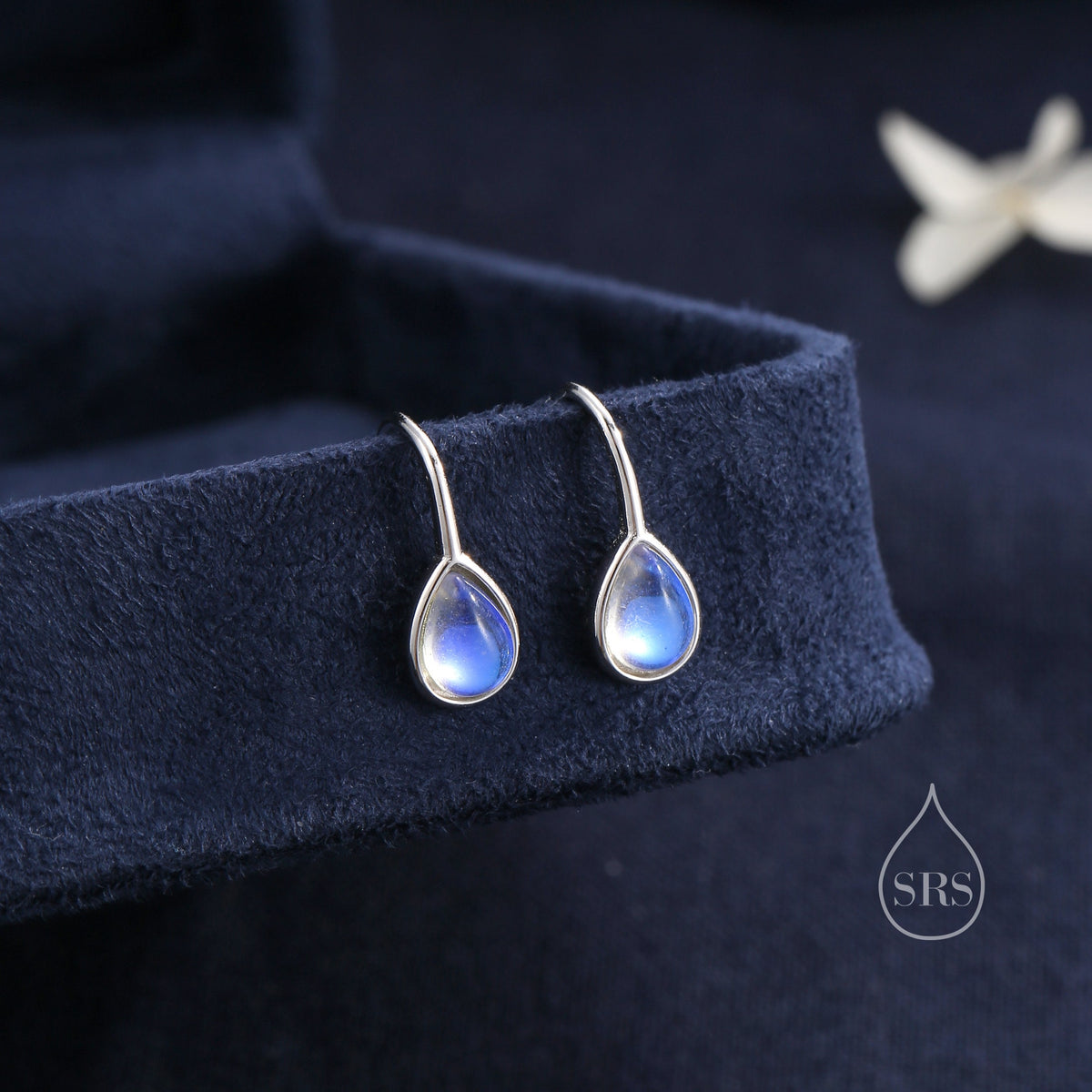 Moonstone Droplet Drop Hook Earrings in Sterling Silver, Droplet Opal Drop Earrings, Pear Shape Lab Moonstone Earrings, Moonstone Earrings