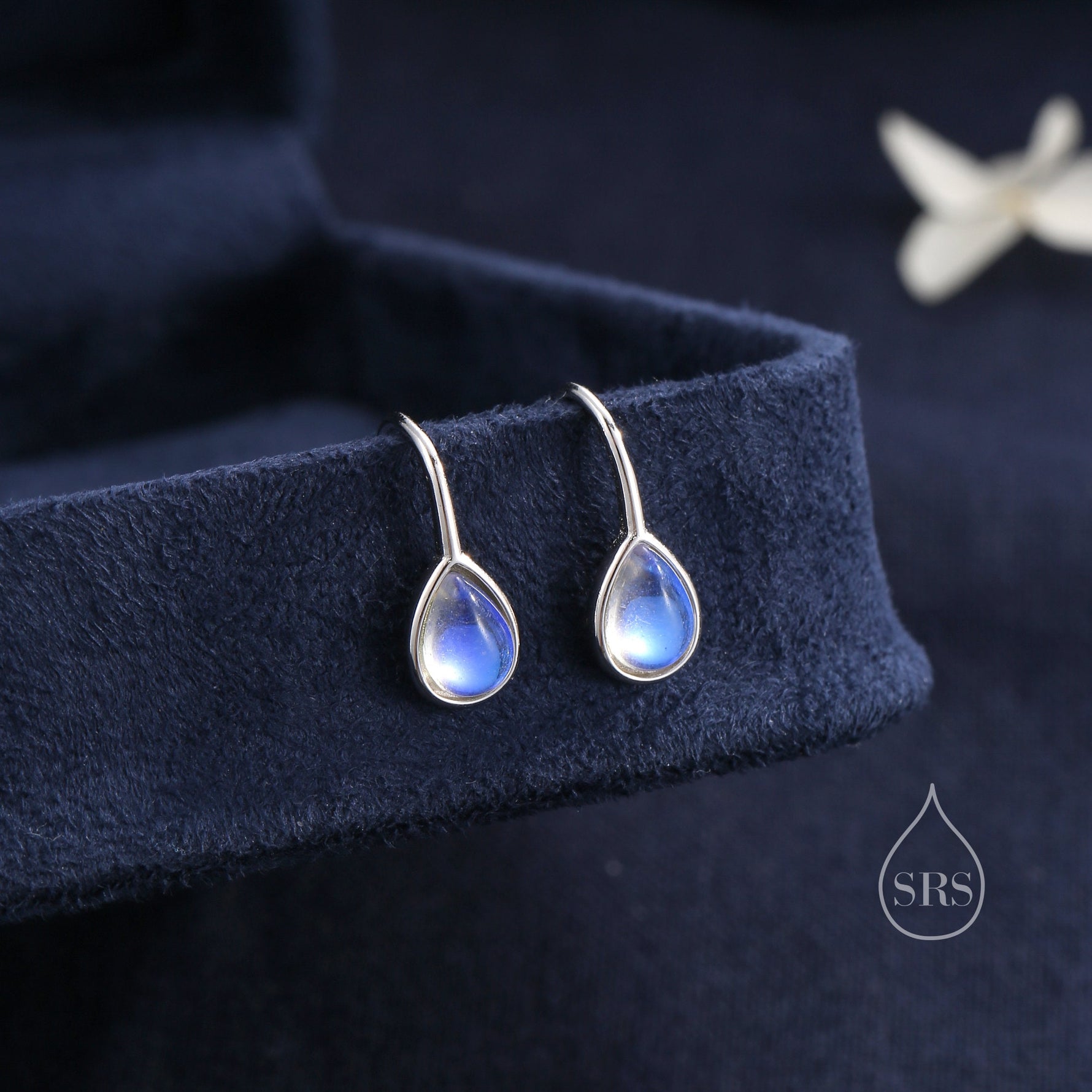 Moonstone Droplet Drop Hook Earrings in Sterling Silver, Droplet Opal Drop Earrings, Pear Shape Lab Moonstone Earrings, Moonstone Earrings