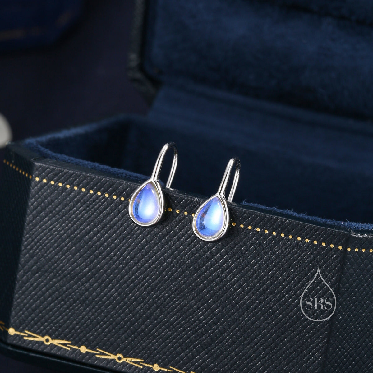Moonstone Droplet Drop Hook Earrings in Sterling Silver, Droplet Opal Drop Earrings, Pear Shape Lab Moonstone Earrings, Moonstone Earrings