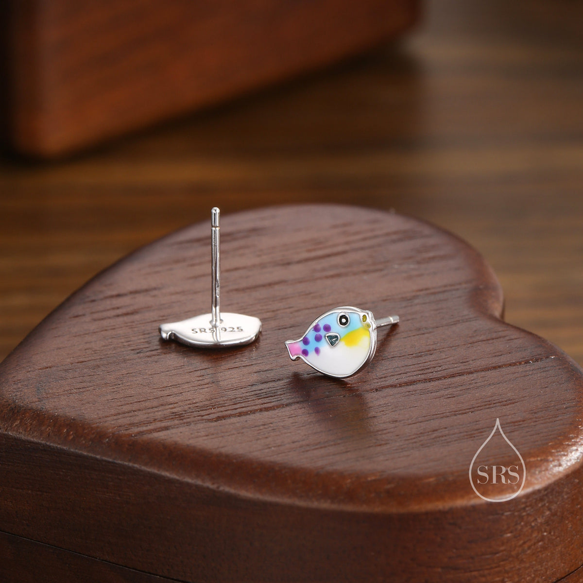 Hand Painted Enamel Puffer Fish Stud Earrings in Sterling Silver, Silver Fish Earrings, Silver Puffer Fish Earrings, Blowfish Earrings