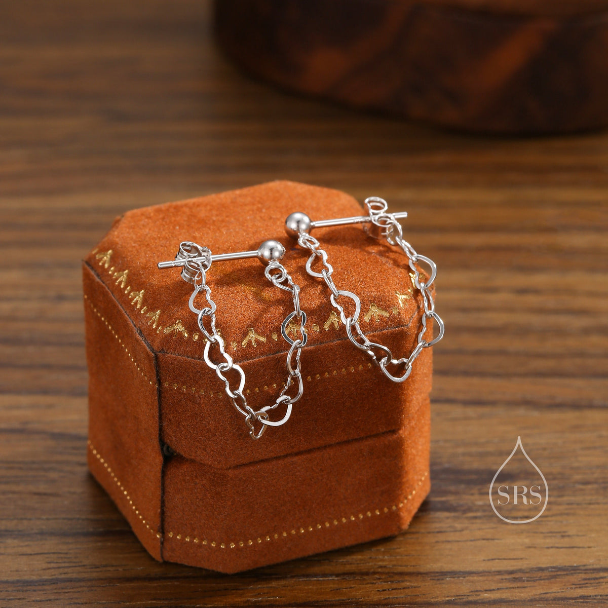 Heart Chain Stud Earrings in Sterling Silver, Silver or Gold, Tiny Ear Jacket, Dainty Jewellery