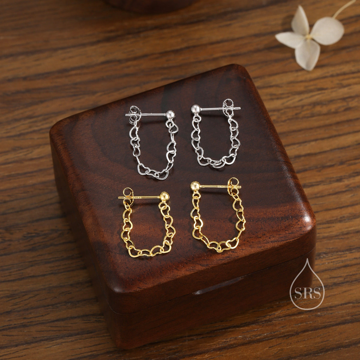 Heart Chain Stud Earrings in Sterling Silver, Silver or Gold, Tiny Ear Jacket, Dainty Jewellery