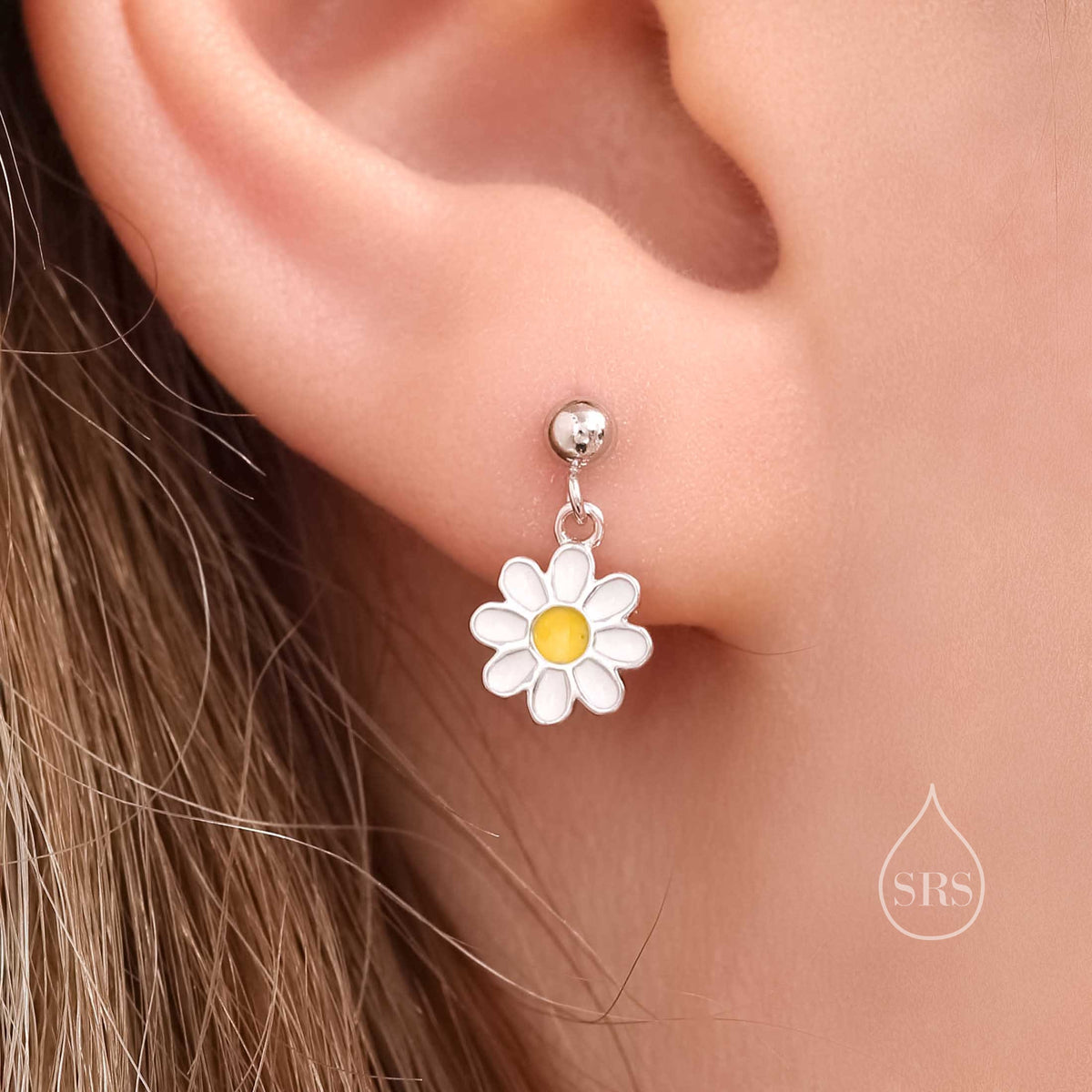 Sterling Silver Enamel Daisy Flower Drop Stud Earrings, Dainty Dangle Daisy Flower Earrings