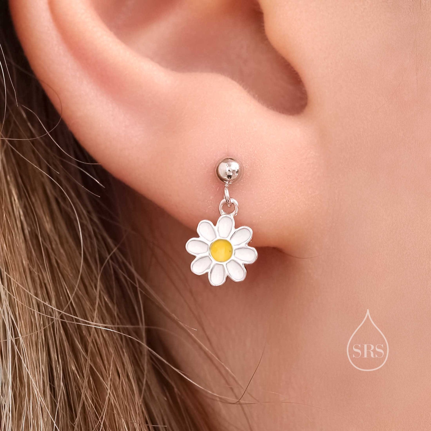 Sterling Silver Enamel Daisy Flower Drop Stud Earrings, Dainty Dangle Daisy Flower Earrings