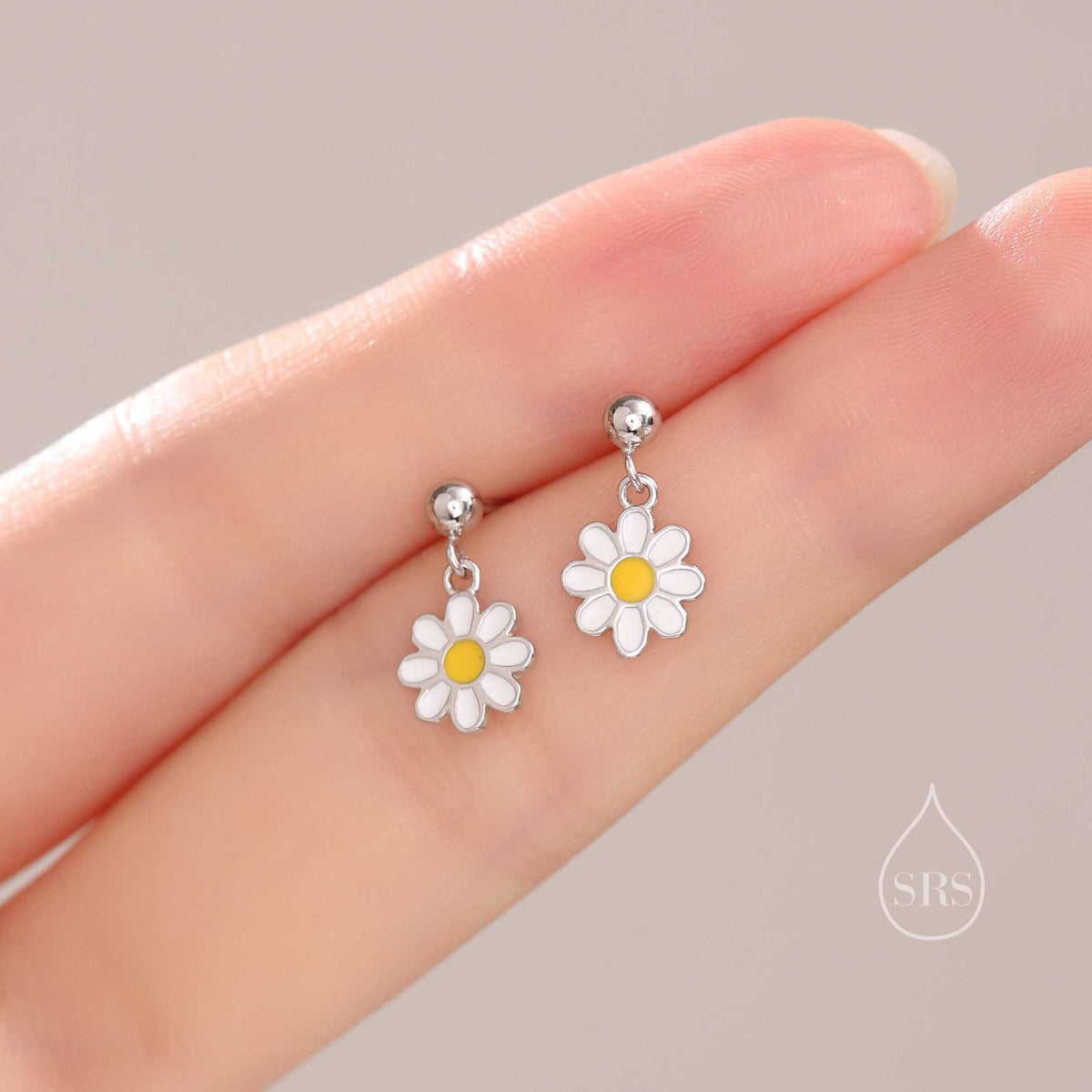Sterling Silver Enamel Daisy Flower Drop Stud Earrings, Dainty Dangle Daisy Flower Earrings