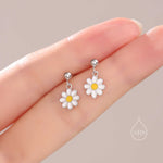 Sterling Silver Enamel Daisy Flower Drop Stud Earrings, Dainty Dangle Daisy Flower Earrings