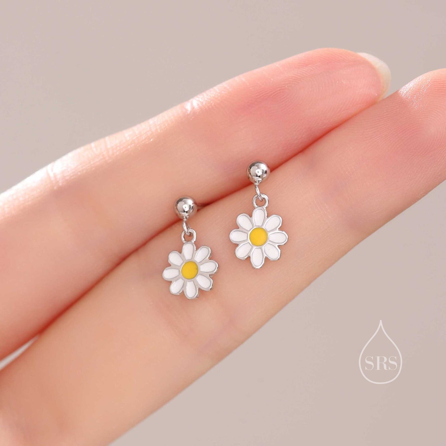 Sterling Silver Enamel Daisy Flower Drop Stud Earrings, Dainty Dangle Daisy Flower Earrings