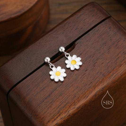 Sterling Silver Enamel Daisy Flower Drop Stud Earrings, Dainty Dangle Daisy Flower Earrings