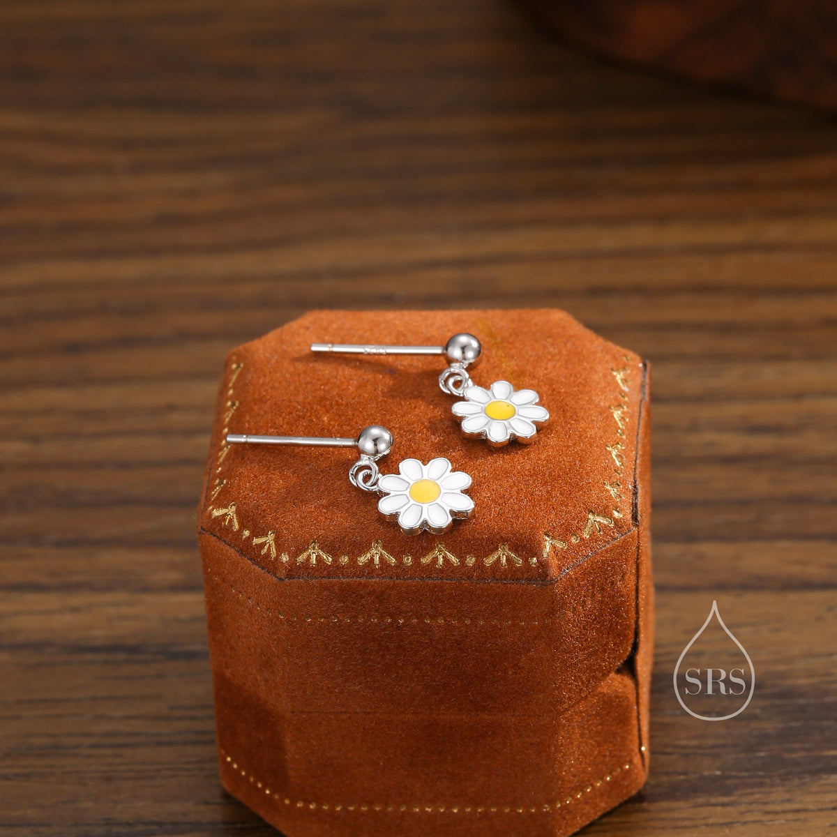 Sterling Silver Enamel Daisy Flower Drop Stud Earrings, Dainty Dangle Daisy Flower Earrings