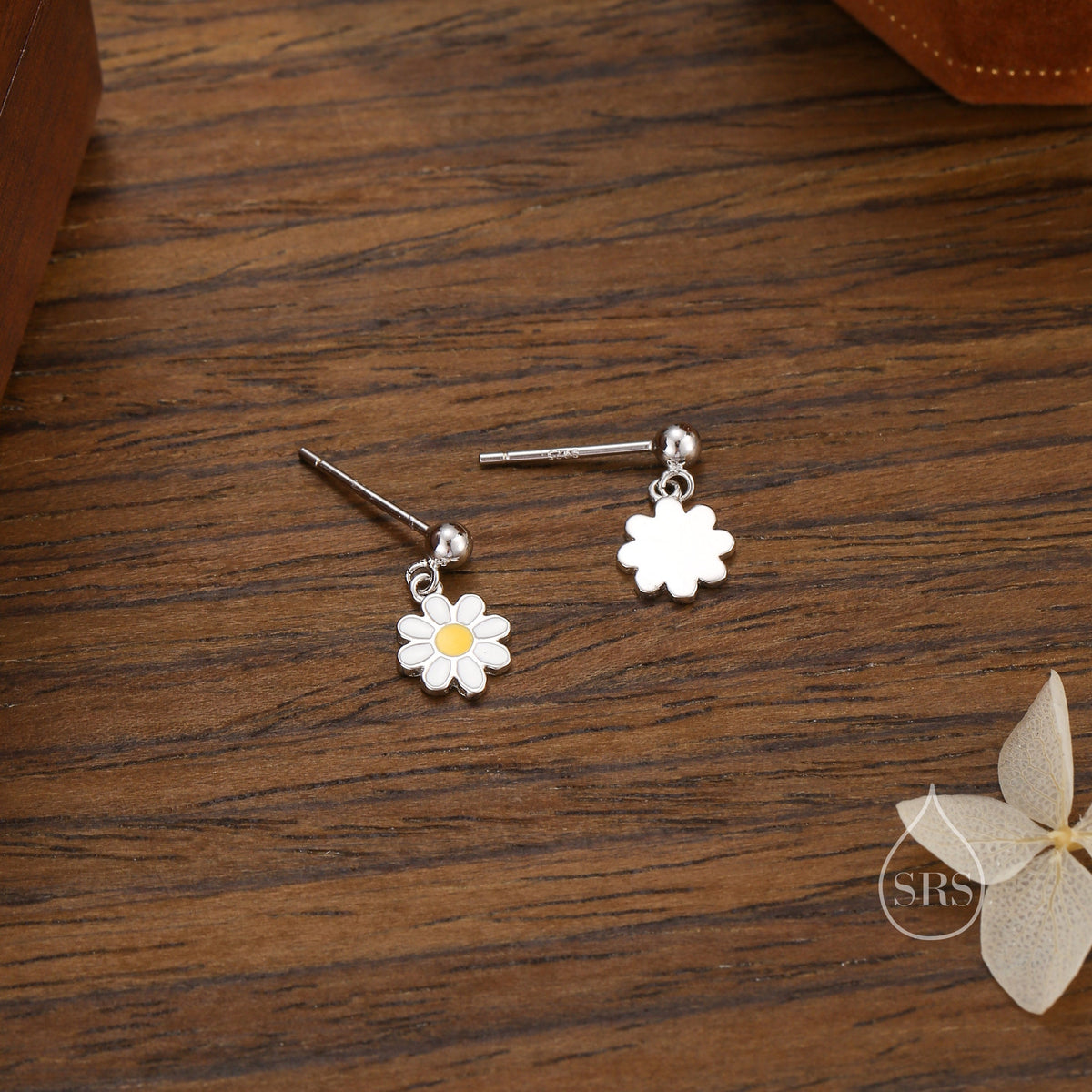 Sterling Silver Enamel Daisy Flower Drop Stud Earrings, Dainty Dangle Daisy Flower Earrings