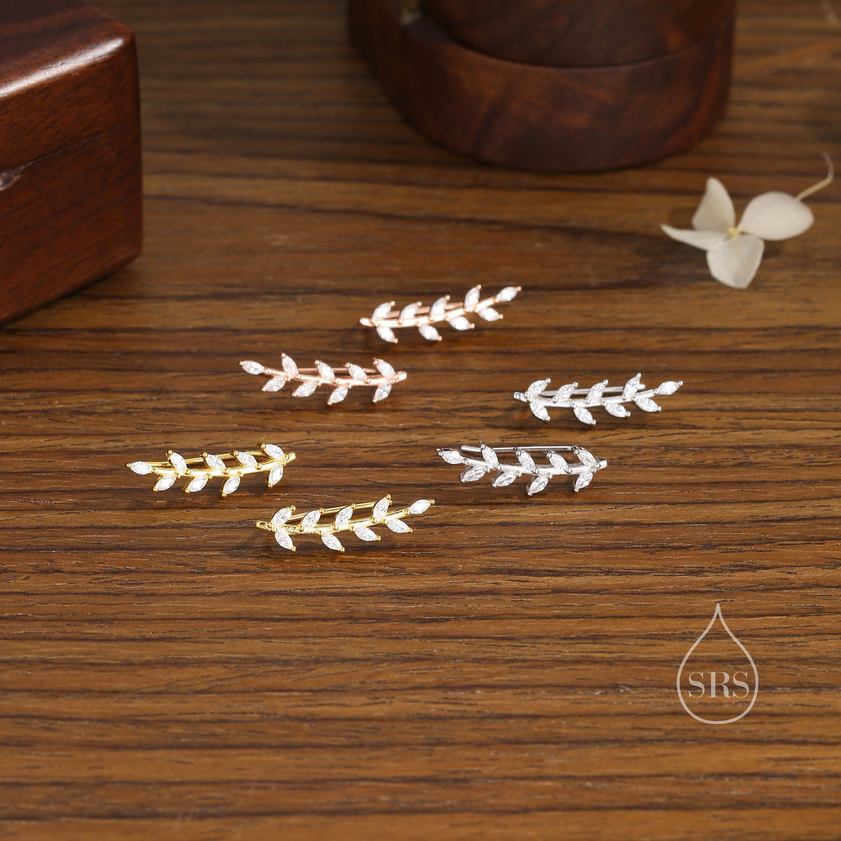 CZ Leaf crawler Earrings in Sterling Silver, Silver, Gold or Rose Gold, Olive Branch Climber Earrings, Nature Inspired Ear Climbers