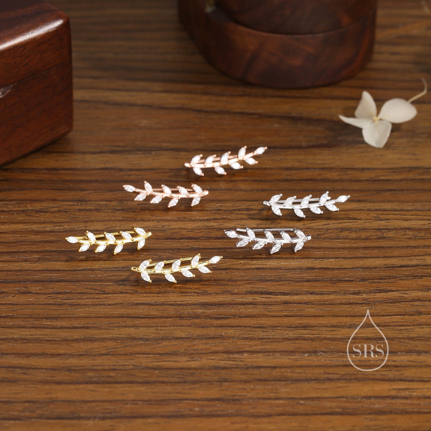 CZ Leaf crawler Earrings in Sterling Silver, Silver, Gold or Rose Gold, Olive Branch Climber Earrings, Nature Inspired Ear Climbers