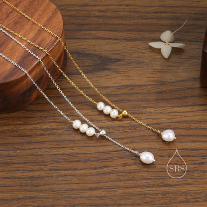 Natural Freshwater Pearl Lariat Necklace in Sterling Silver, Silver or Gold , Adjustable Length, Lariat Necklace,  Satellite Beaded