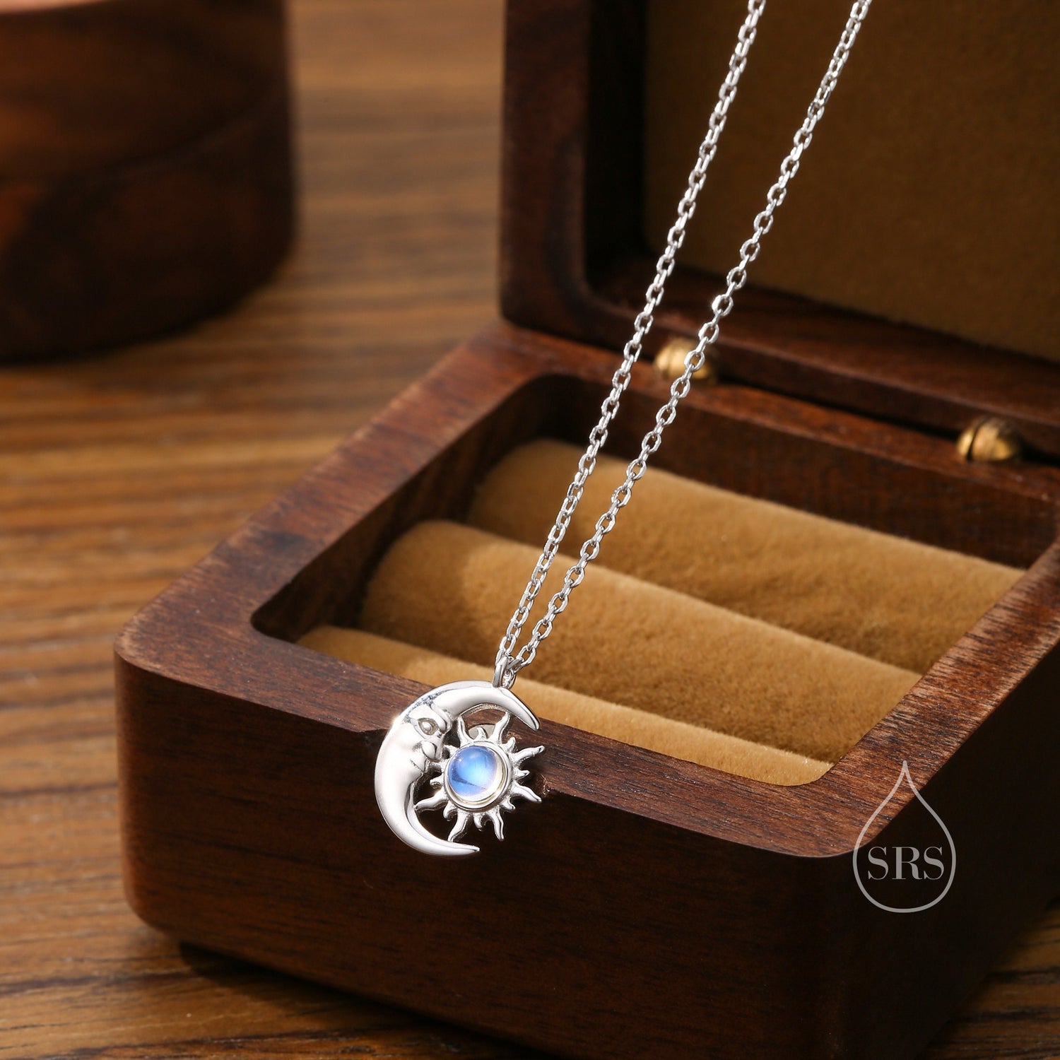 Moonstone Moon and Star Pendant Necklace in Sterling Silver, Silver or Gold, Man in the Moon, Moonstone Starburst, Moon and Sun, Moon Face