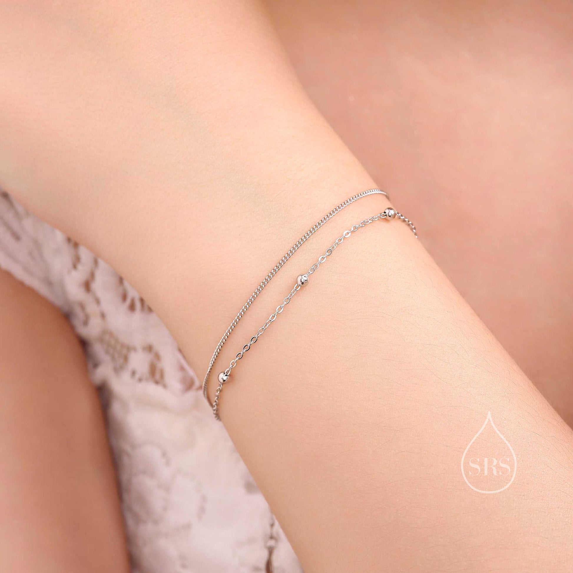 Sterling Silver Double Layer Satellite Chain Bracelet in Sterling Silver, Delicate Layer Bracelet, Minimalist Bracelet