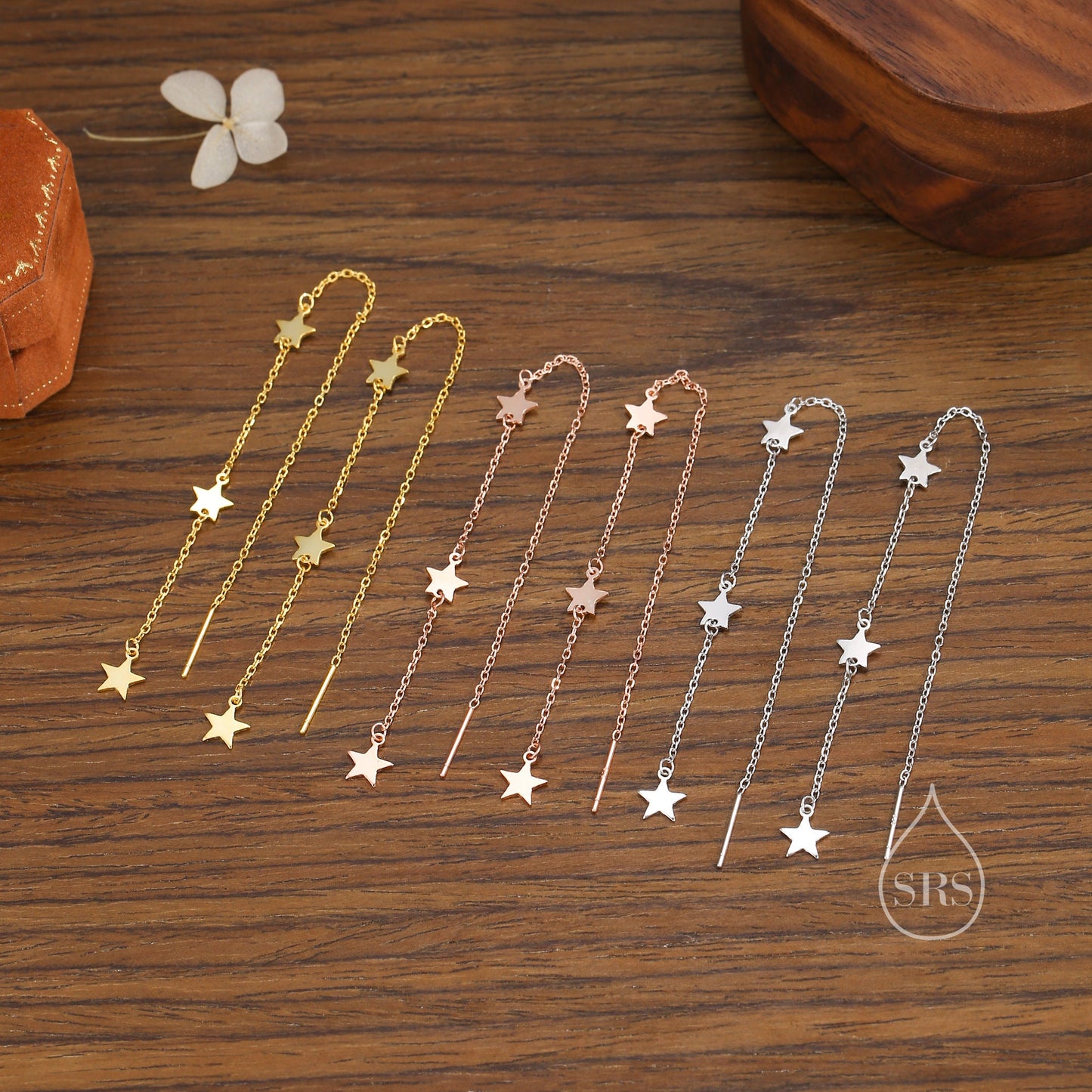 Three Star Cascade Threader Earrings in Sterling Silver, Star Ear Threaders, Silver, Gold or Rose Gold, Star Threaders, Long Threaders