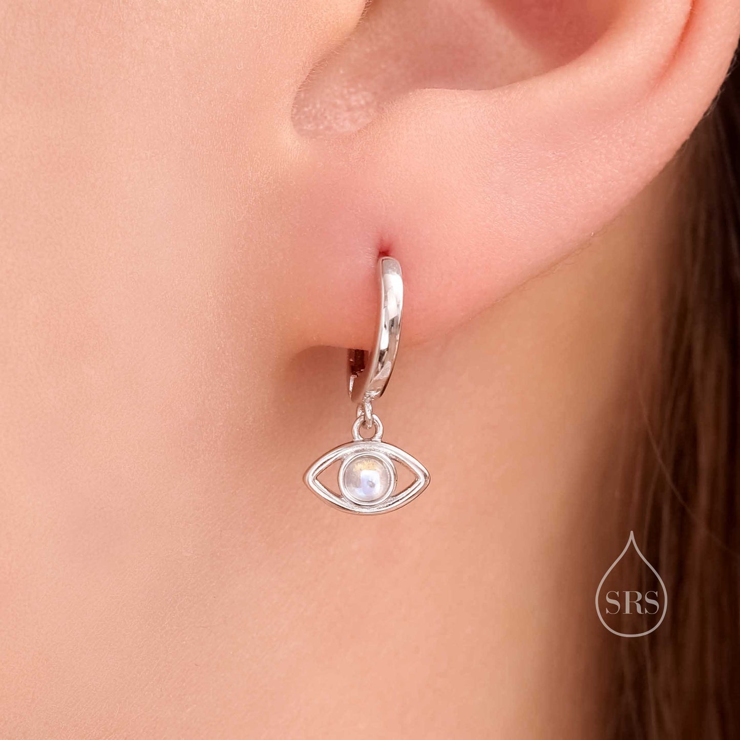 Moonstone Evil Eye Huggie Hoop Earrings in Sterling Silver, Silver or Gold Eye Hoops, Simulated Moonstone,  Evil Eye Earrings