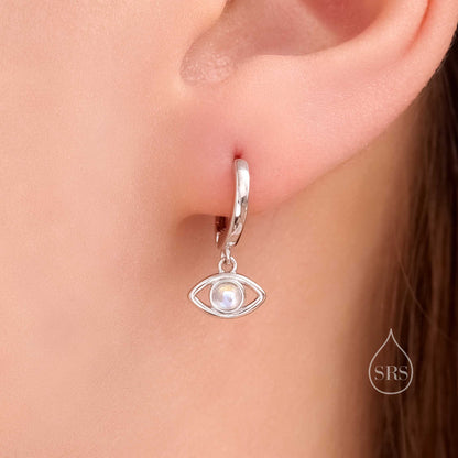 Moonstone Evil Eye Huggie Hoop Earrings in Sterling Silver, Silver or Gold Eye Hoops, Simulated Moonstone,  Evil Eye Earrings