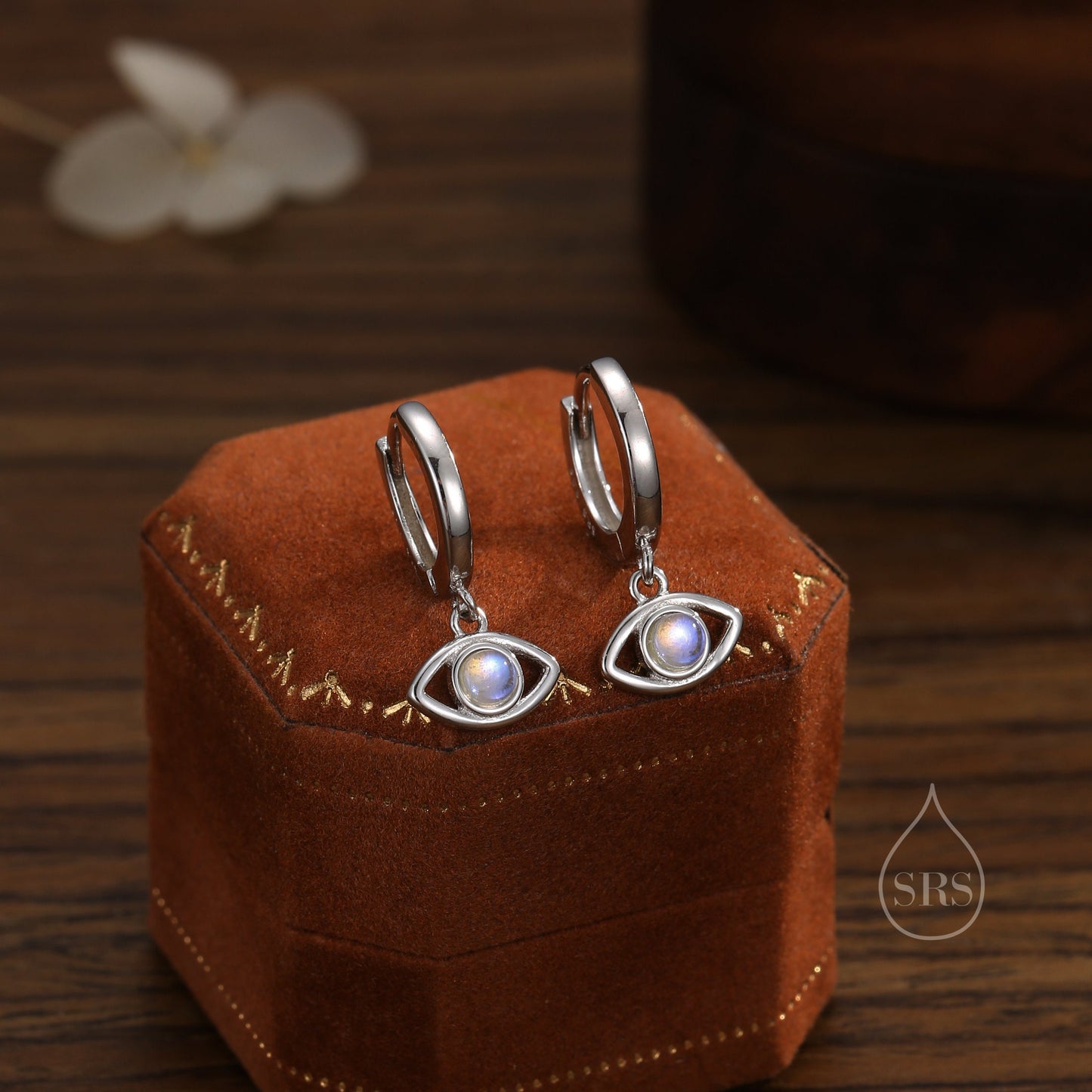 Moonstone Evil Eye Huggie Hoop Earrings in Sterling Silver, Silver or Gold Eye Hoops, Simulated Moonstone,  Evil Eye Earrings