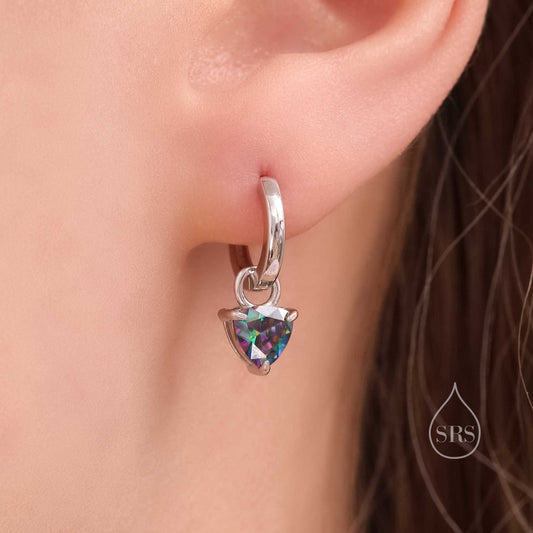 Sterling Silver Mystic Black Trillion Cut CZ Hoop Earrings, Silver or Gold, Triangle Dangle Hoop Earrings, Interchangeable Charm