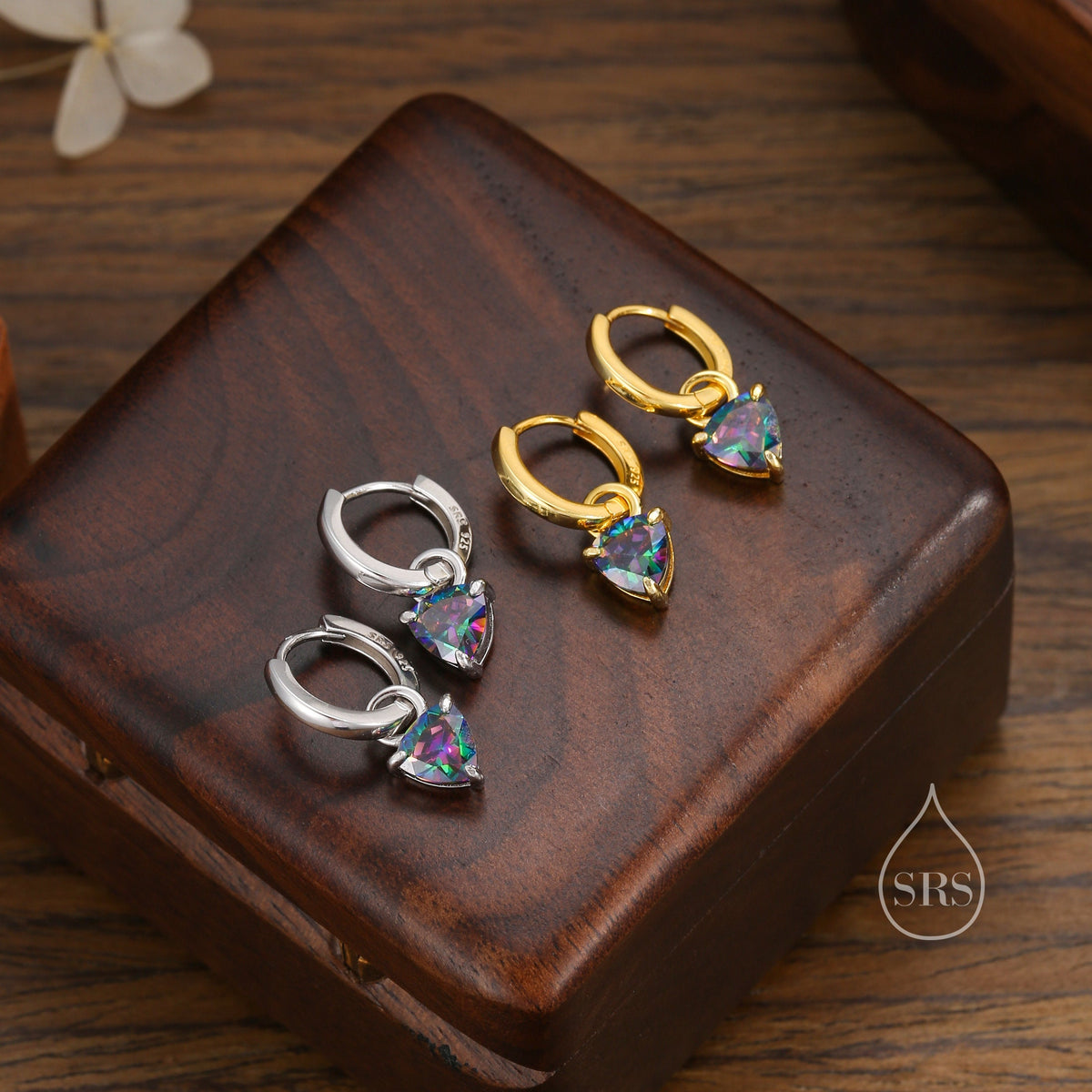 Sterling Silver Mystic Black Trillion Cut CZ Hoop Earrings, Silver or Gold, Triangle Dangle Hoop Earrings, Interchangeable Charm