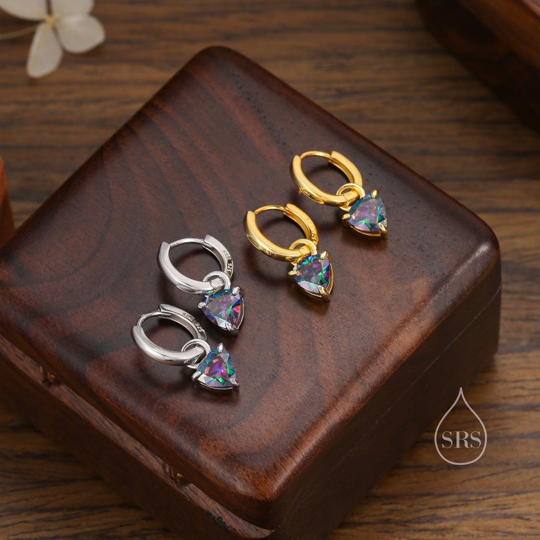 Sterling Silver Mystic Black Trillion Cut CZ Hoop Earrings, Silver or Gold, Triangle Dangle Hoop Earrings, Interchangeable Charm