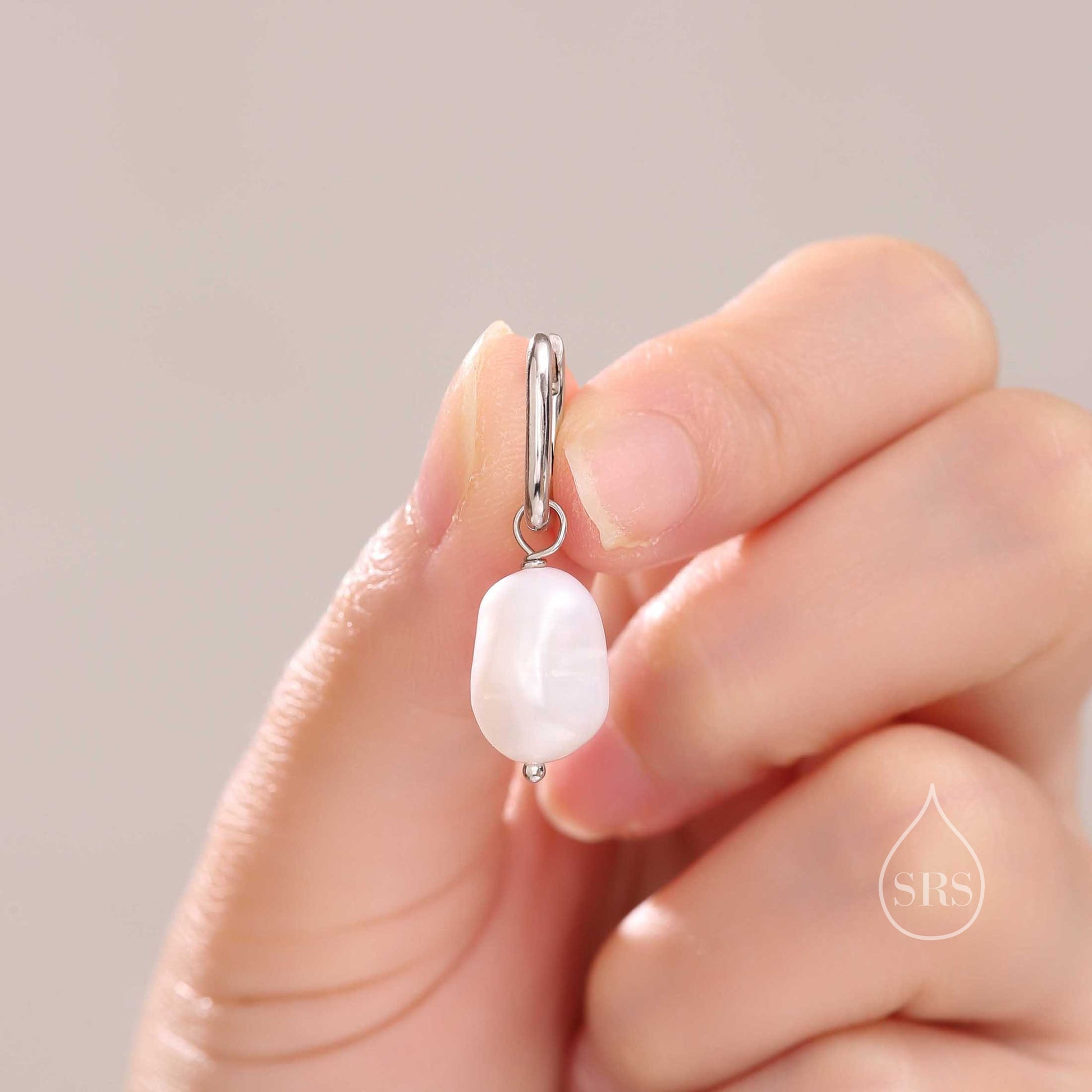 Sale! Rectangular Hoops with Dangling Baroque Pearl Drop Earrings in Sterling Silver, Silver or Gold, Keshi Pearl Earrings, Oval Hoops with Pearls