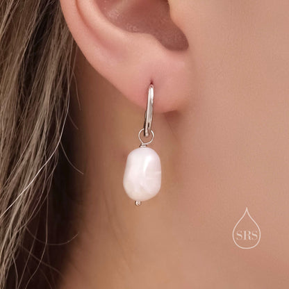 Rectangular Hoops with Dangling Baroque Pearl Drop Earrings in Sterling Silver, Silver or Gold, Keshi Pearl Earrings, Oval Hoops with Pearls