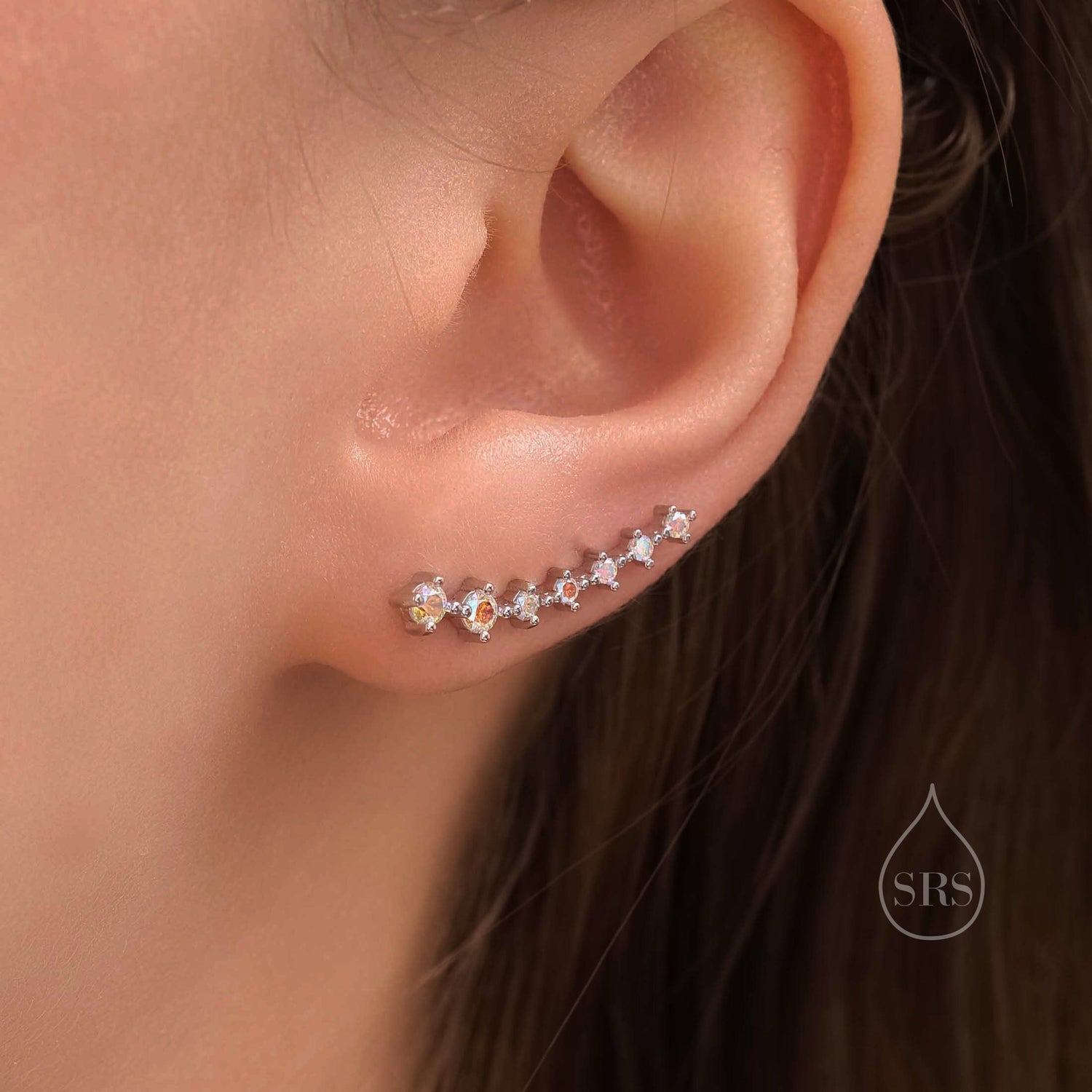 Sterling Silver Aurora AB CZ Ear Crawler Earrings with Sparkly CZ Crystals, Silver or Gold