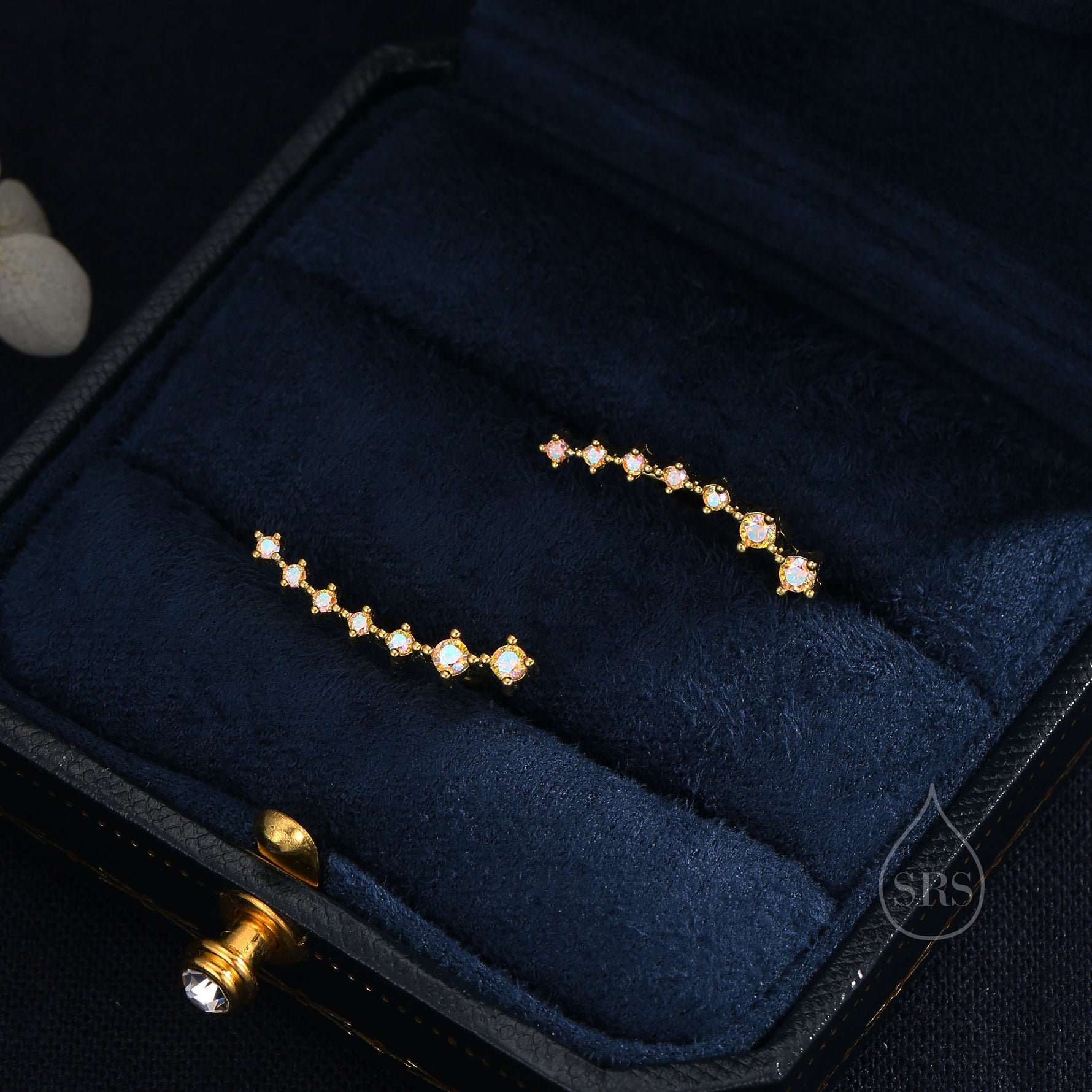 Sterling Silver Aurora AB CZ Ear Crawler Earrings with Sparkly CZ Crystals, Silver or Gold