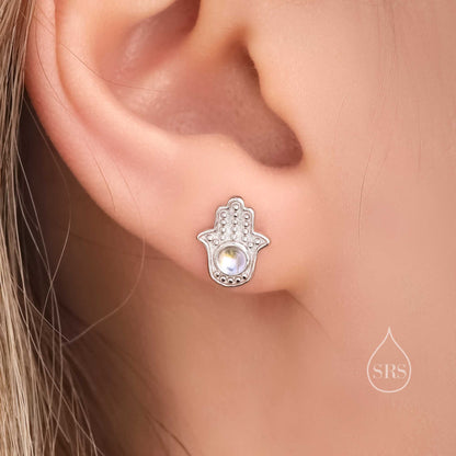 Moonstone Hamsa Hand Stud Earrings in Sterling Silver, Simulated Moonstone Hamsa Earrings, Hamsa Stud, Evil Eye Earrings