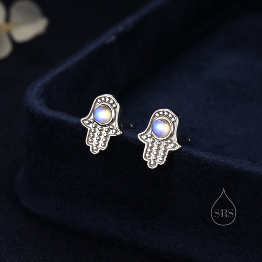 Moonstone Hamsa Hand Stud Earrings in Sterling Silver, Simulated Moonstone Hamsa Earrings, Hamsa Stud, Evil Eye Earrings