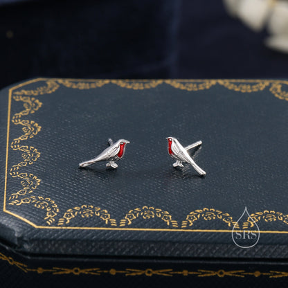 Tiny Robin Bird Stud Earrings in Sterling Silver with Hand Painted Enamel, Sterling Silver Robin Earrings, Nature Inspired