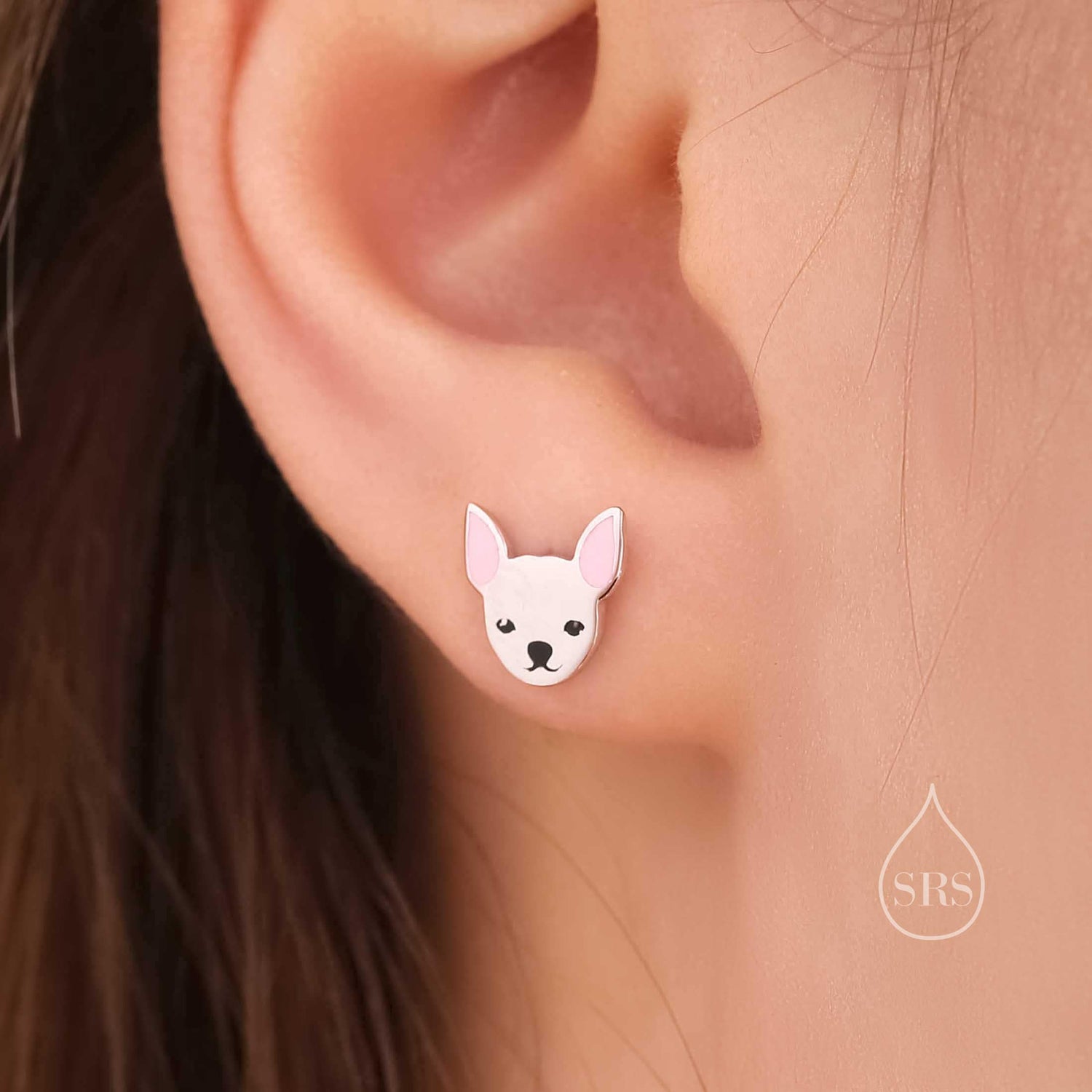 Tiny Chihuahua Dog Stud Earrings in Sterling Silver, Hand Painted Enamel, Sterling Silver Chihuahua Dog Earrings, Pet Earrings