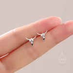 Sterling Silver Tiny Bull Skull Stud Earrings, Silver or Gold or Rose Gold, Bull Skeleton Earrings in Sterling Silver