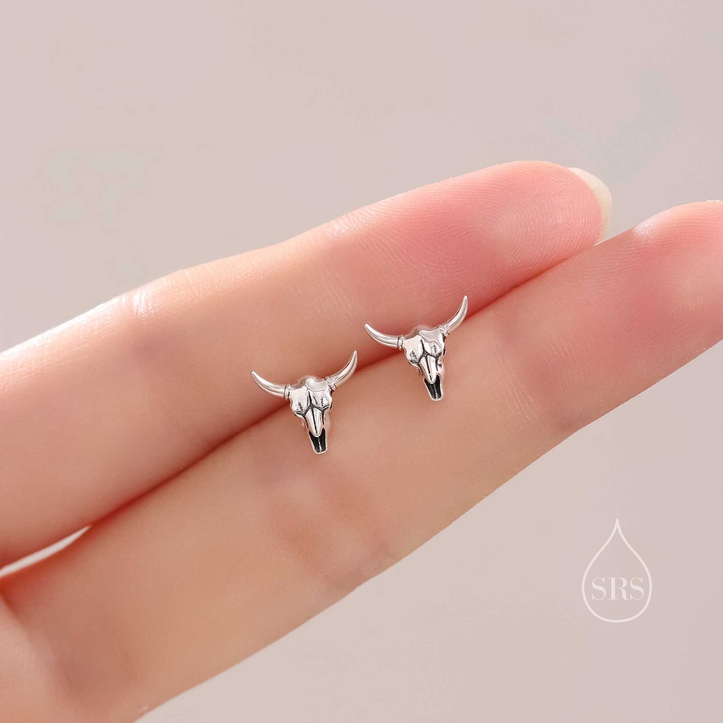 Sterling Silver Tiny Bull Skull Stud Earrings, Silver or Gold or Rose Gold,  Bull Skeleton Earrings in Sterling Silver