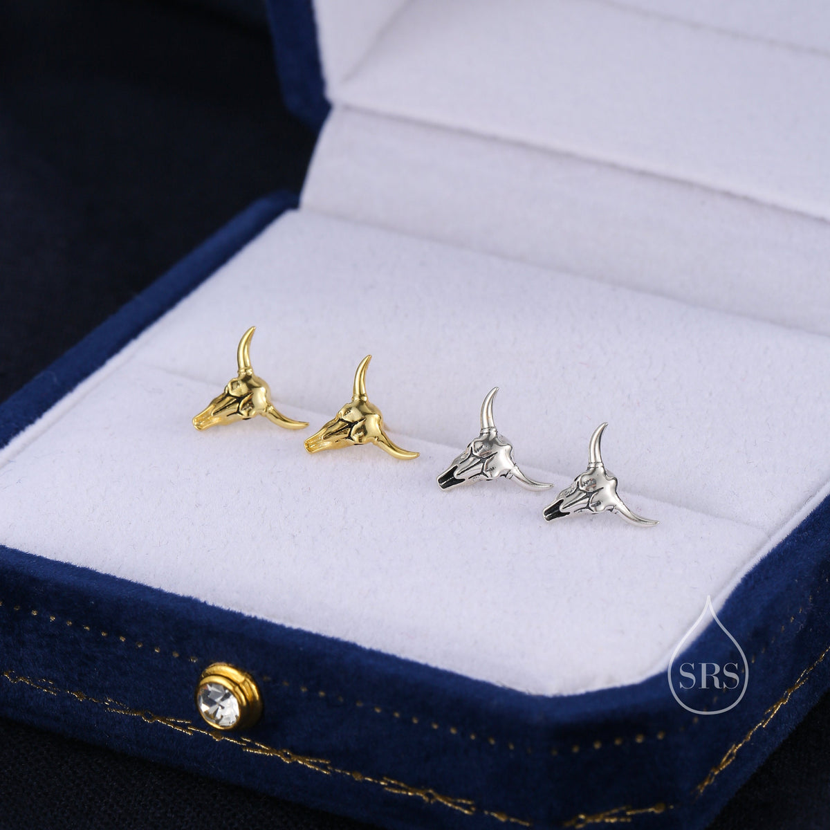 Sterling Silver Tiny Bull Skull Stud Earrings, Silver or Gold or Rose Gold, Bull Skeleton Earrings in Sterling Silver