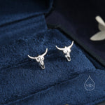 Sterling Silver Tiny Bull Skull Stud Earrings, Silver or Gold or Rose Gold, Bull Skeleton Earrings in Sterling Silver