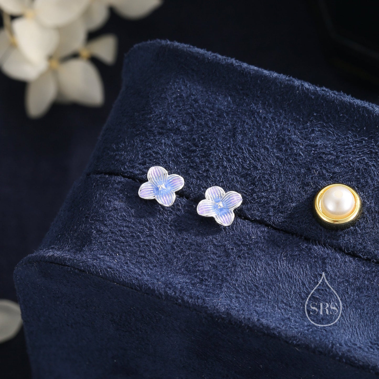 Hand Painted Hydrangea Flower Stud Earrings in Sterling Silver, Available in two Colours, Enamel Flower Earrings