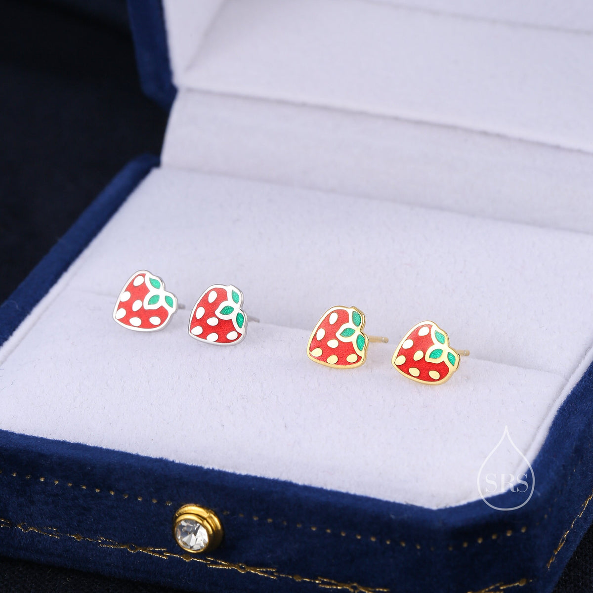 Enamel Strawberry Stud Earrings in Sterling Silver, Hand Painted Enamel, Sterling Silver Strawberry Earrings, Fruit Earrings